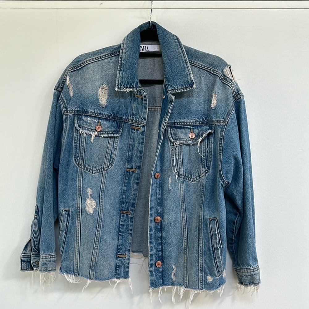 Zara distressed denim jacket | Dark wash